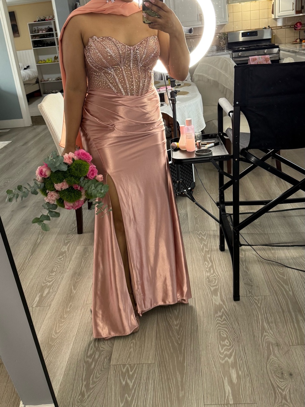Strapless Beaded Satin Evening Dress in Rose Gold
